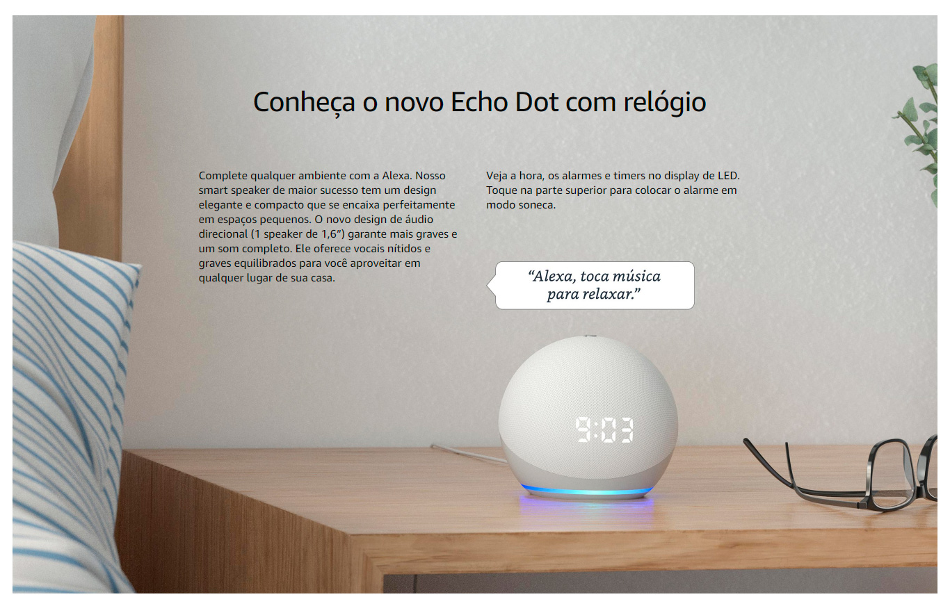  Amazon Echo Dot 4ª geração Smart Speaker com Relógio e Alexa - Branca 
